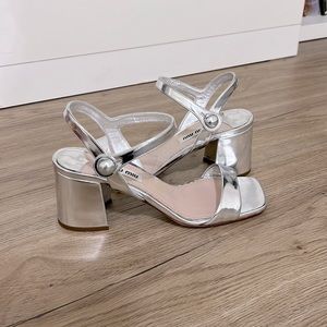 Miu Miu Metallic Silver Leather Ankle Strap Block Heel Sandals